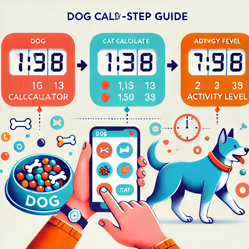 A colorful step-by-step guide illustration showing a dog owner inputting their dog's weight and activity level into a calorie calculator, with arrows leading to a balanced dog food bowl.