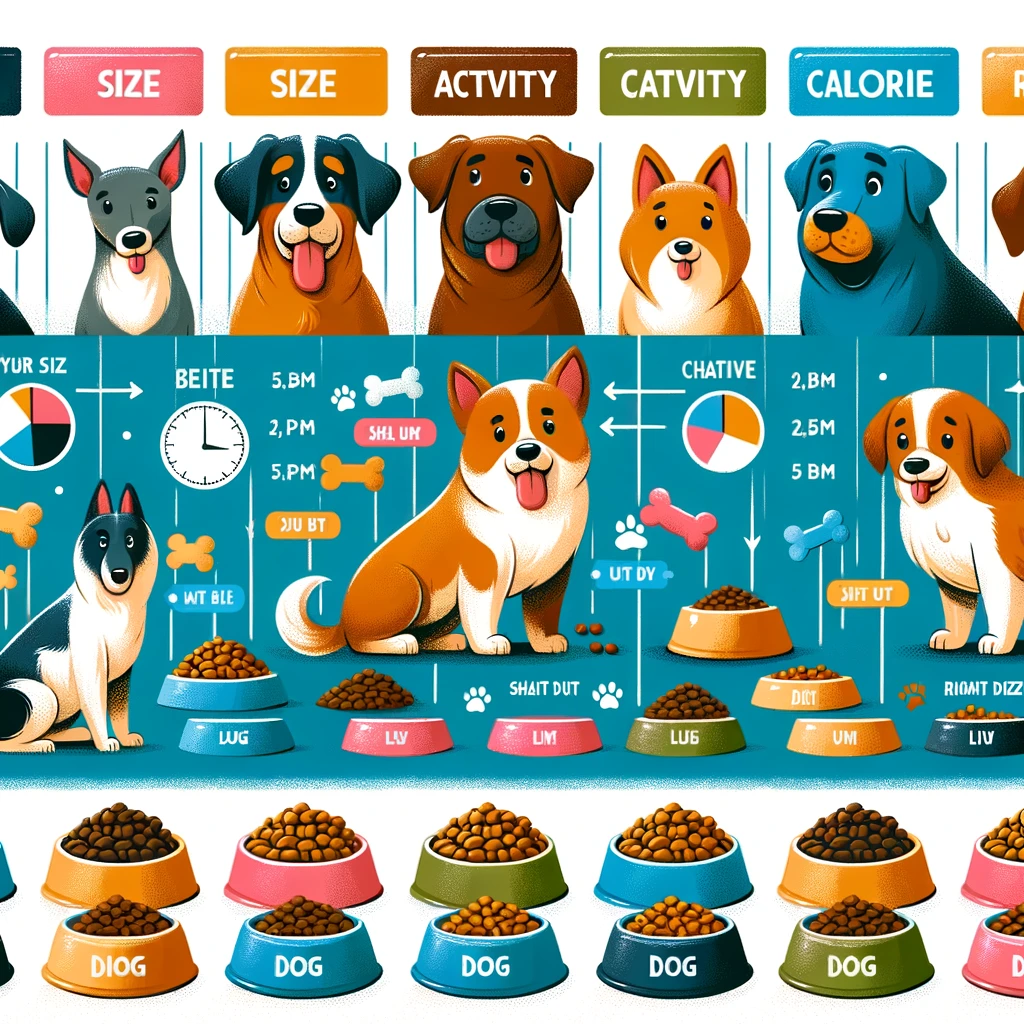 An engaging scene featuring different dog breeds of various sizes, with labels indicating calorie needs and activity levels, alongside food bowls with portion size