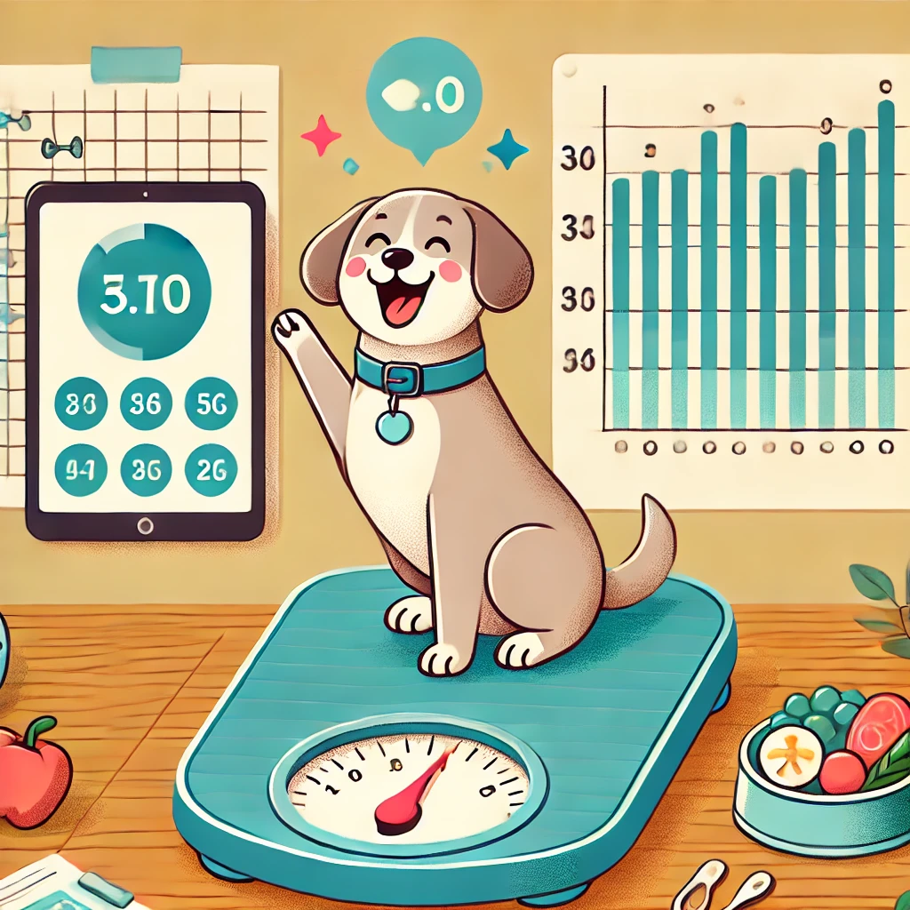 A smartphone displaying a digital dog calorie calculator with a happy dog sitting nearby and a bowl of food in the background, set in a bright and modern home interior.