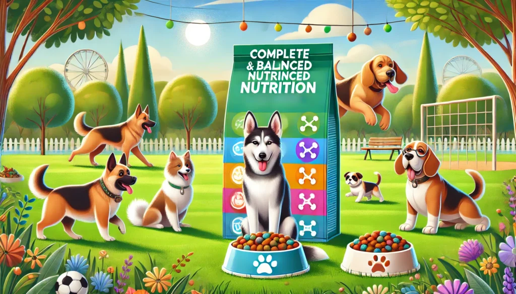 A lively outdoor park scene with a Poodle, German Shepherd, and Beagle playing near bowls of high-quality dog food. Packaging highlights phrases like 'Complete and Balanced Nutrition' with icons for health benefits. The setting includes green grass, trees, and a sunny day, creating a joyful atmosphere."