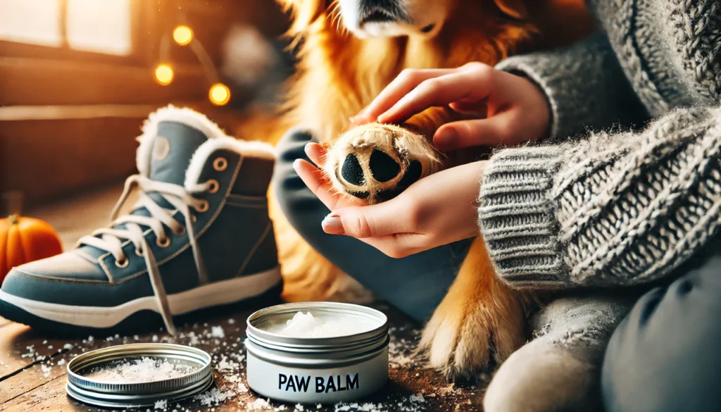 A cozy indoor scene of dog paw care, showing a dog's paw being treated with paw balm. The paw rests on a person’s lap while balm is applied to the pads. Snowy shoes in the background indicate a recent winter walk, emphasizing the importance of dog paw care in cold weather.