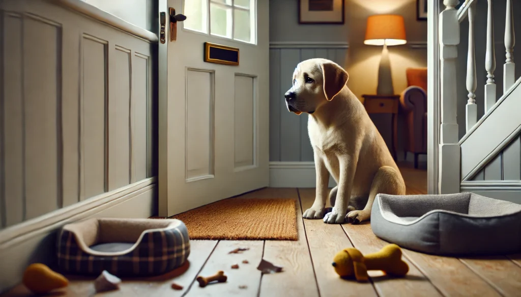 the realistic image of a Labrador Retriever experiencing separation anxiety, sitting near a front door with a longing expression. The scene captures the dog's distress, along with subtle signs of its anxiety, such as a chewed-up toy and a scratched door. 