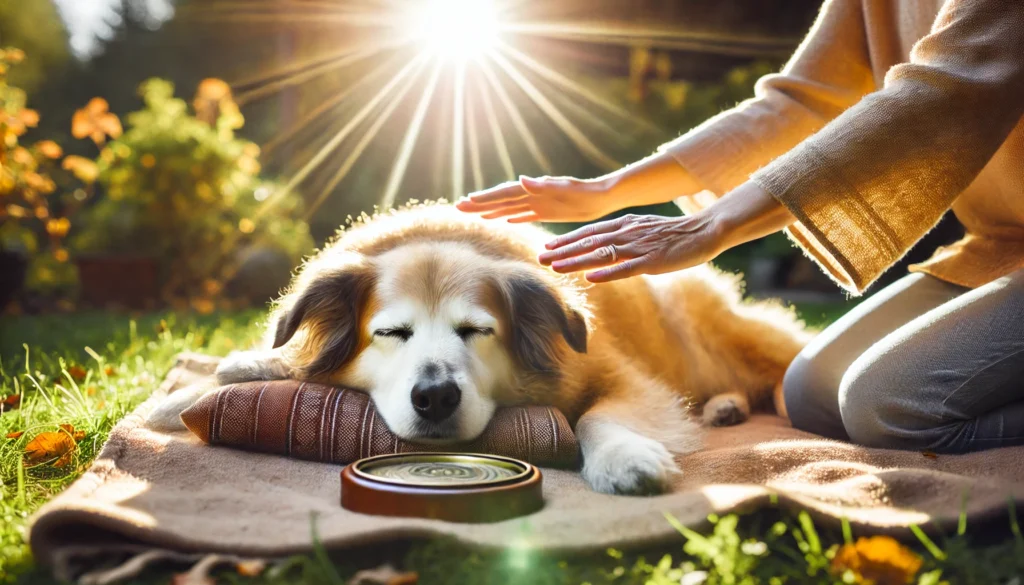 A senior dog lying on a soft blanket in a sunlit garden, receiving a Reiki healing session. A Reiki practitioner’s hands hover above, radiating a calming energy. The peaceful outdoor setting highlights the stress-relieving benefits of Reiki for dogs.