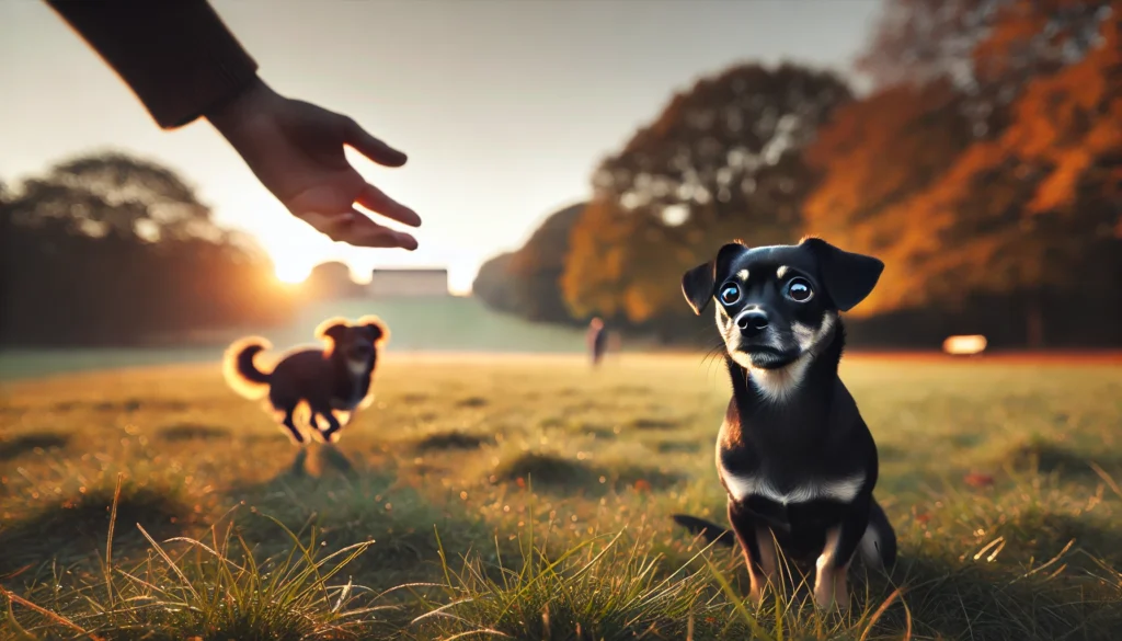 A small, nervous dog with a sleek black coat and wide, uncertain eyes sits hesitantly in an open park during sunset. The dog looks cautious but curious, surrounded by soft grass. In the distance, a confident, playful dog runs joyfully, highlighting the contrast between fearfulness and confidence. A gentle human hand reaches out in encouragement, symbolizing the journey of fearful dogs learning to trust and explore their surroundings.