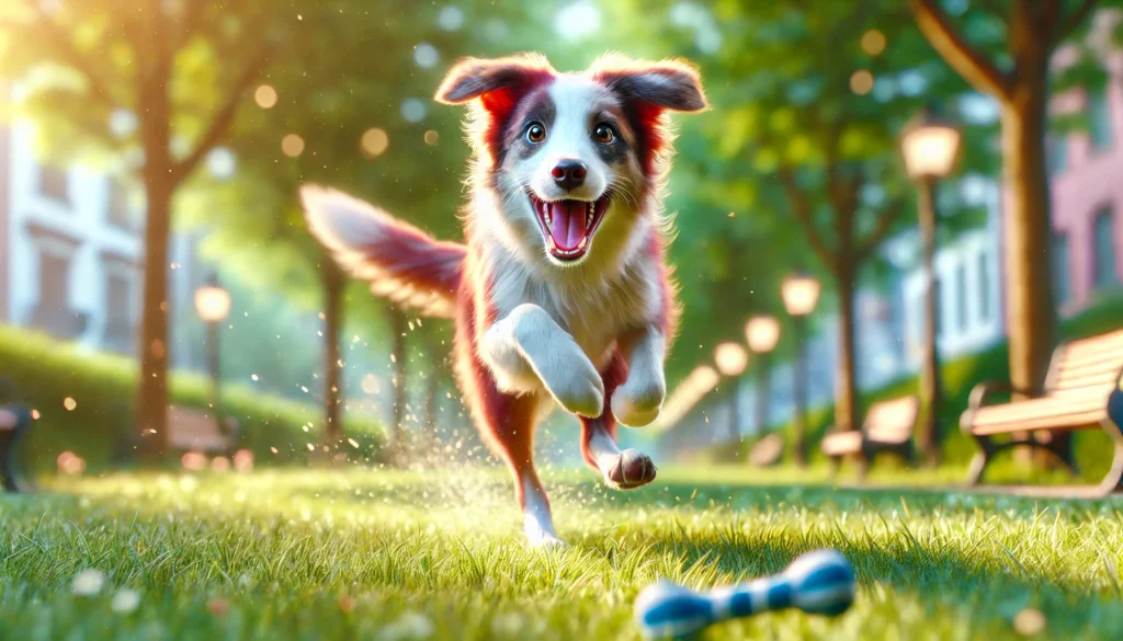 A realistic image of a hyperactive dog, possibly a young Border Collie or Labrador Retriever, running energetically in a grassy park. The dog has bright eyes and an excited expression, capturing the lively nature of hyperactive dogs. The background features lush greenery and soft natural lighting, emphasizing movement and enthusiasm.