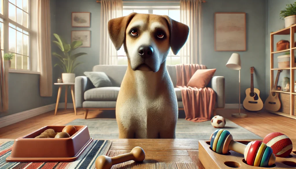 an image of a realistic, understimulated dog sitting in a cozy living room, looking bored and disengaged. The untouched toys and food puzzle around it highlight the need for mental and physical enrichment. Let me know if you'd like any adjustments!