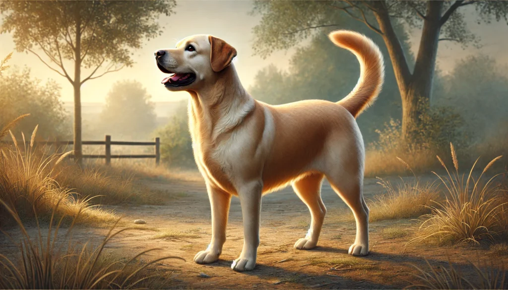 A realistic image of a Labrador Retriever standing in a natural outdoor setting, its tail actively wagging as it communicates through body language. The dog's expressive posture showcases the nuances of canine communication, conveying emotions such as excitement or curiosity. The background features soft lighting with trees and grass, creating a warm and inviting atmosphere.
