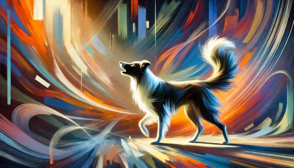 A stylized, artistic depiction of a Border Collie in an abstract environment, its tail mid-wag to symbolize canine communication. The vibrant colors and dynamic lighting emphasize the energy and motion of the dog's expressive body language. The background blends futuristic digital effects and expressive brushstrokes, creating a visually striking interpretation of how dogs convey emotions through their tails.