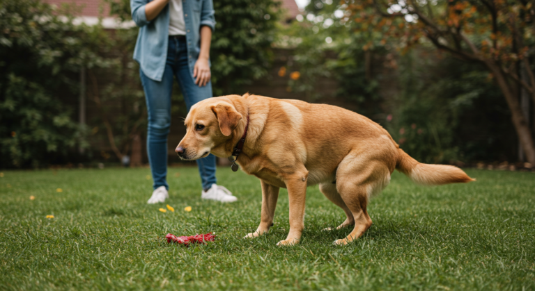 Dog squatting with bloody stool while concerned owner watches — dog pooping blood symptoms explained for pet owners.