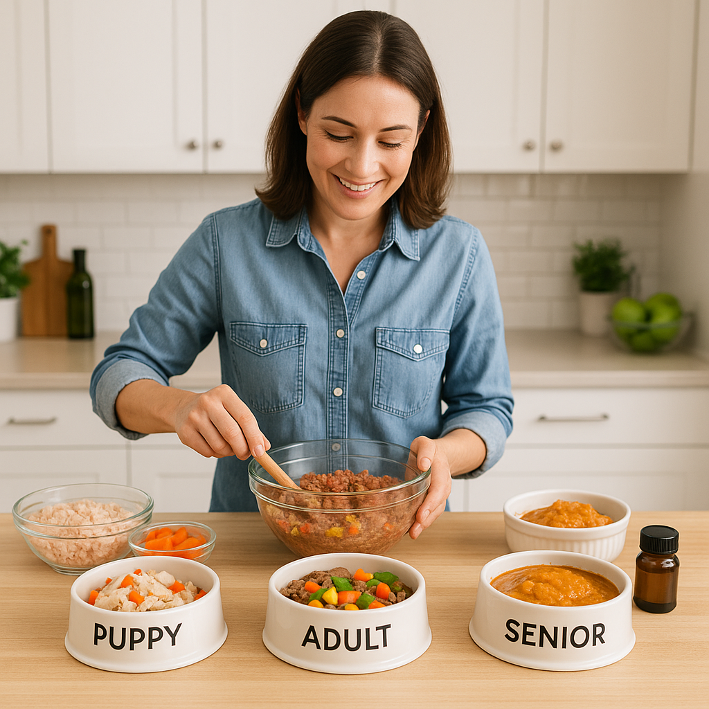 “Owner making homemade dog food recipes for all dog life stages”