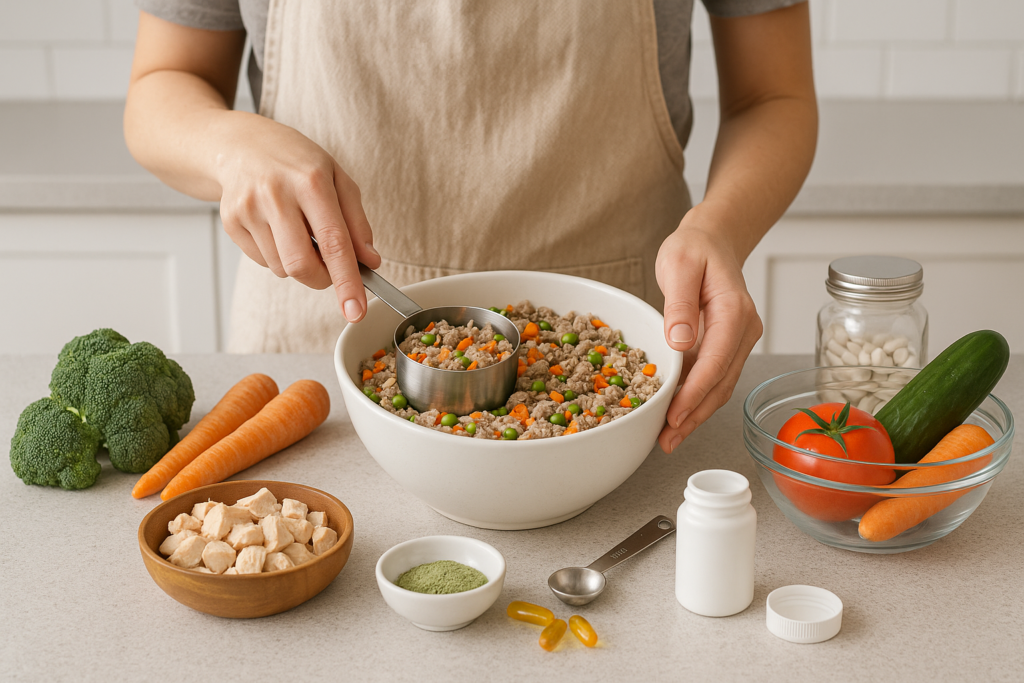 Preparing homemade dog food recipes safely with fresh ingredients and supplements.