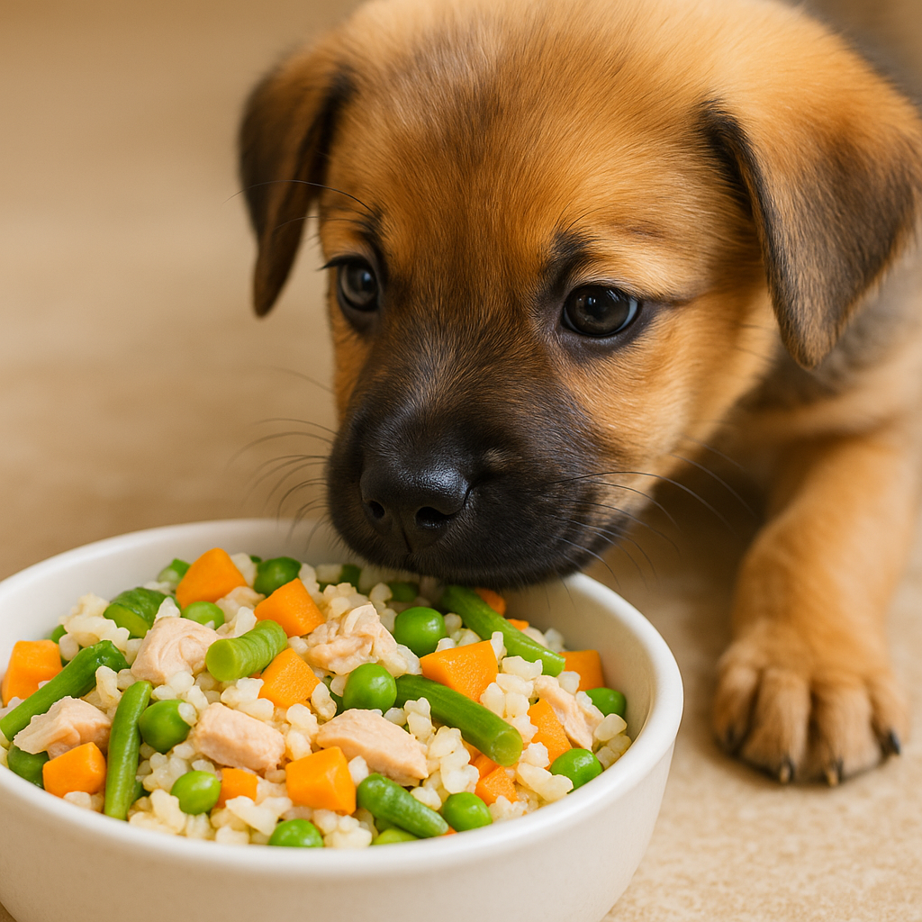"Adult dog enjoying a balanced homemade dog food recipe with chicken and vegetables"