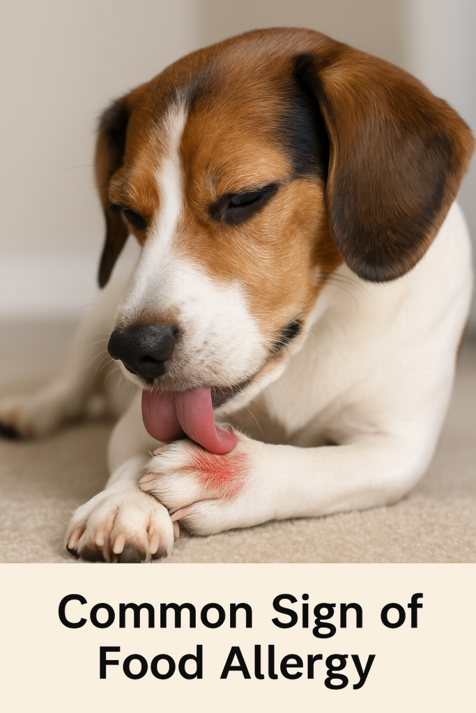 "Dog licking red, itchy paw — a common sign of food allergy"