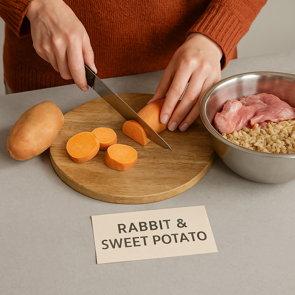 "Preparing homemade dog food for allergies with rabbit and sweet potato"