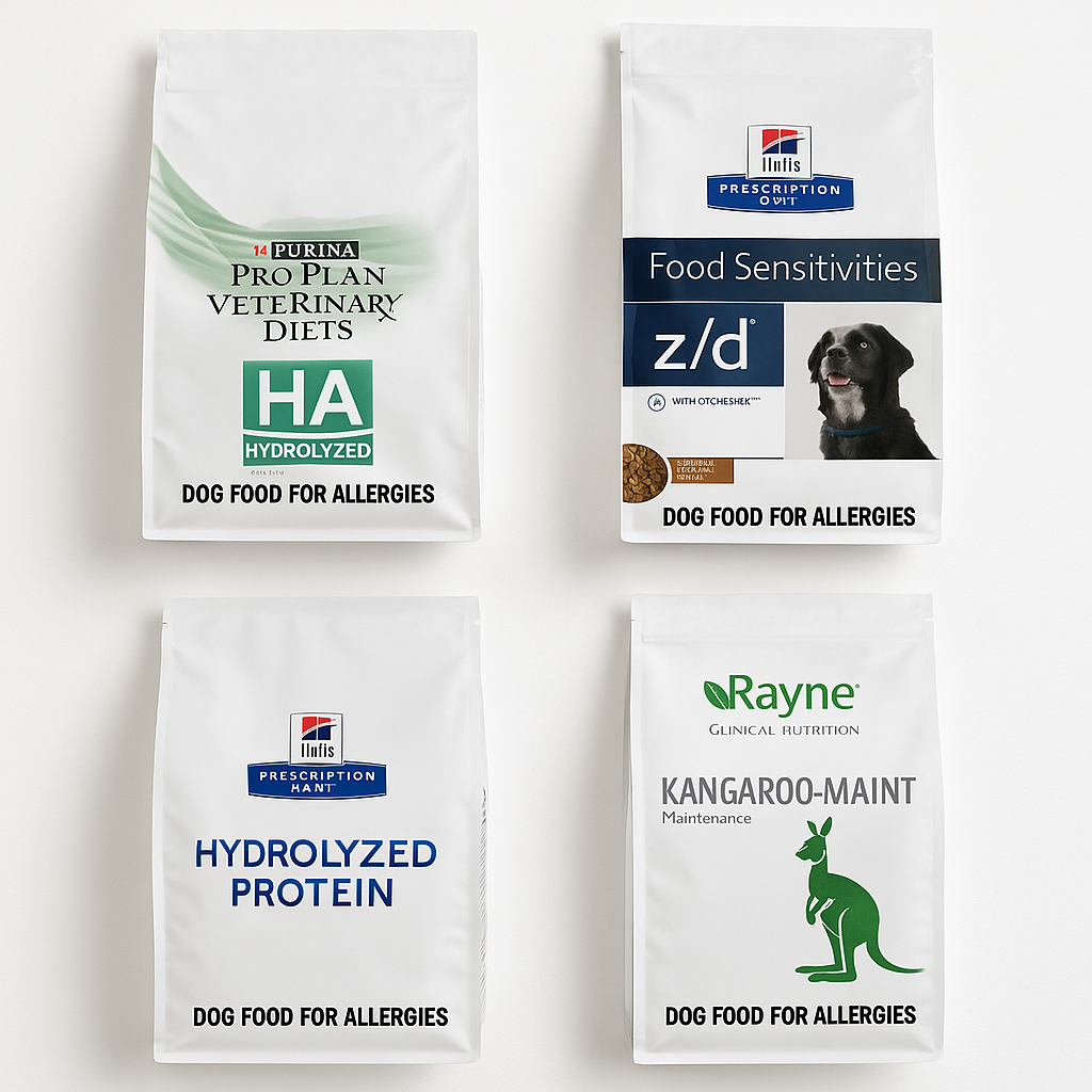 "Prescription dog food for allergies options shown flat lay"
