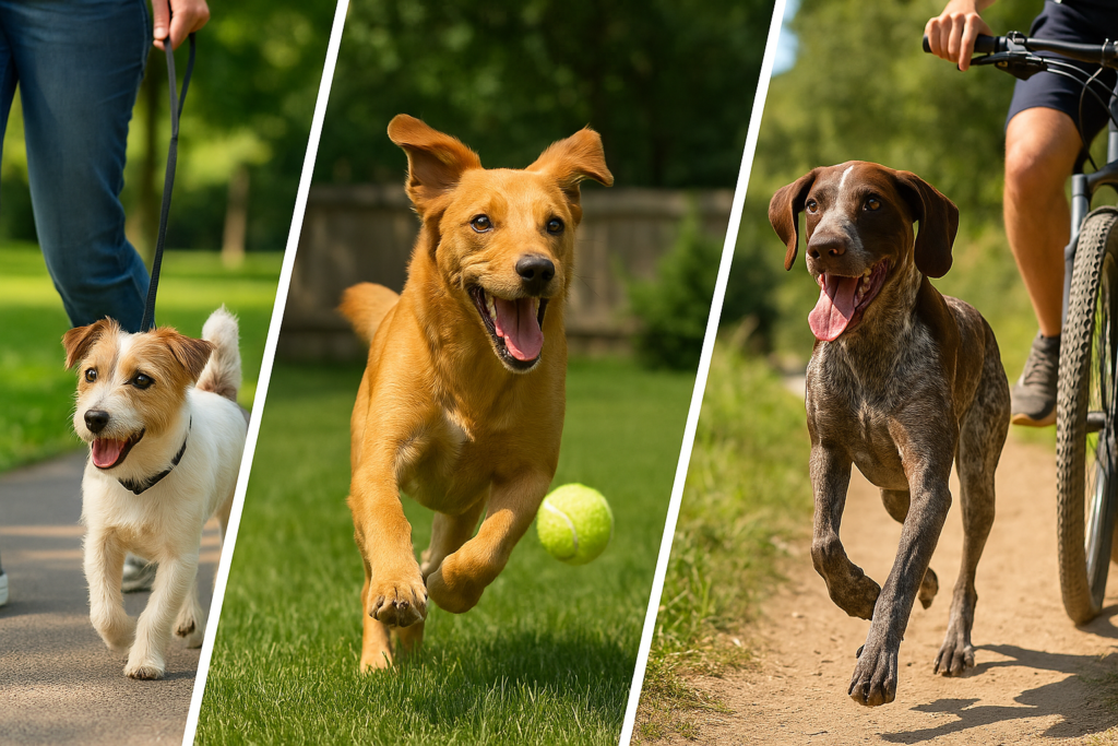 Dogs of various breeds and sizes enjoying different types of exercise, including walking, playing fetch, and running.