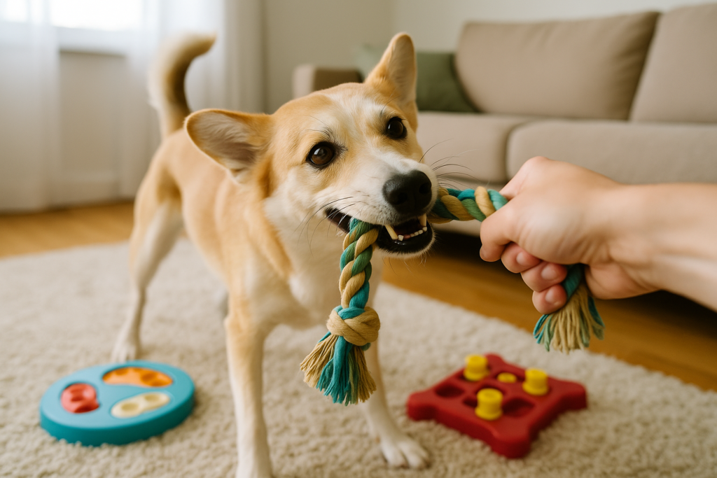 “Indoor dog exercise using tug-of-war and brain games”