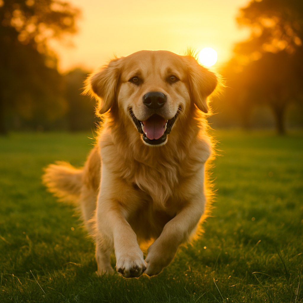 “Golden retriever enjoying dog exercise outdoors at sunset”