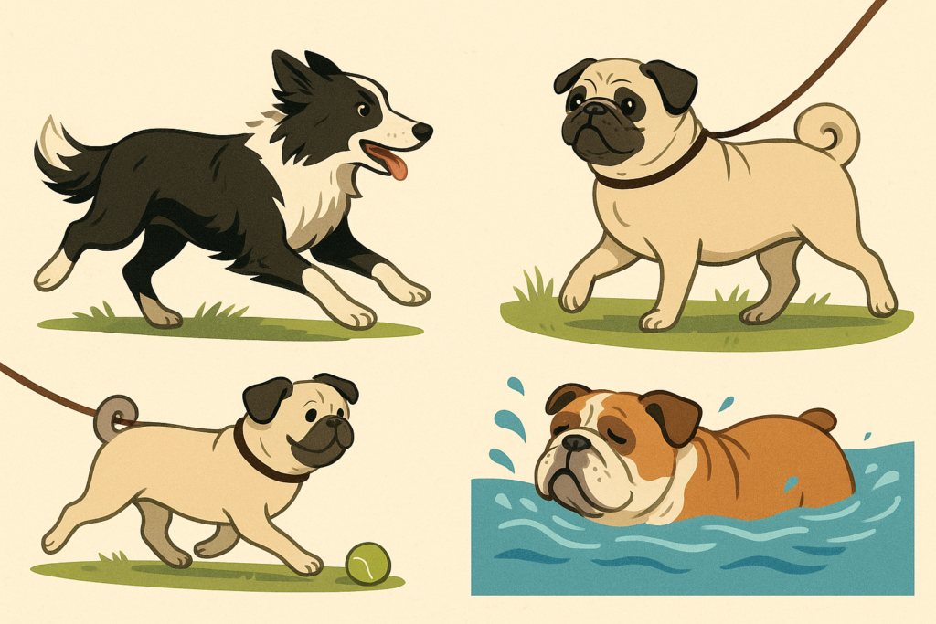  “Various breeds engaging in dog exercise suited to their energy levels”