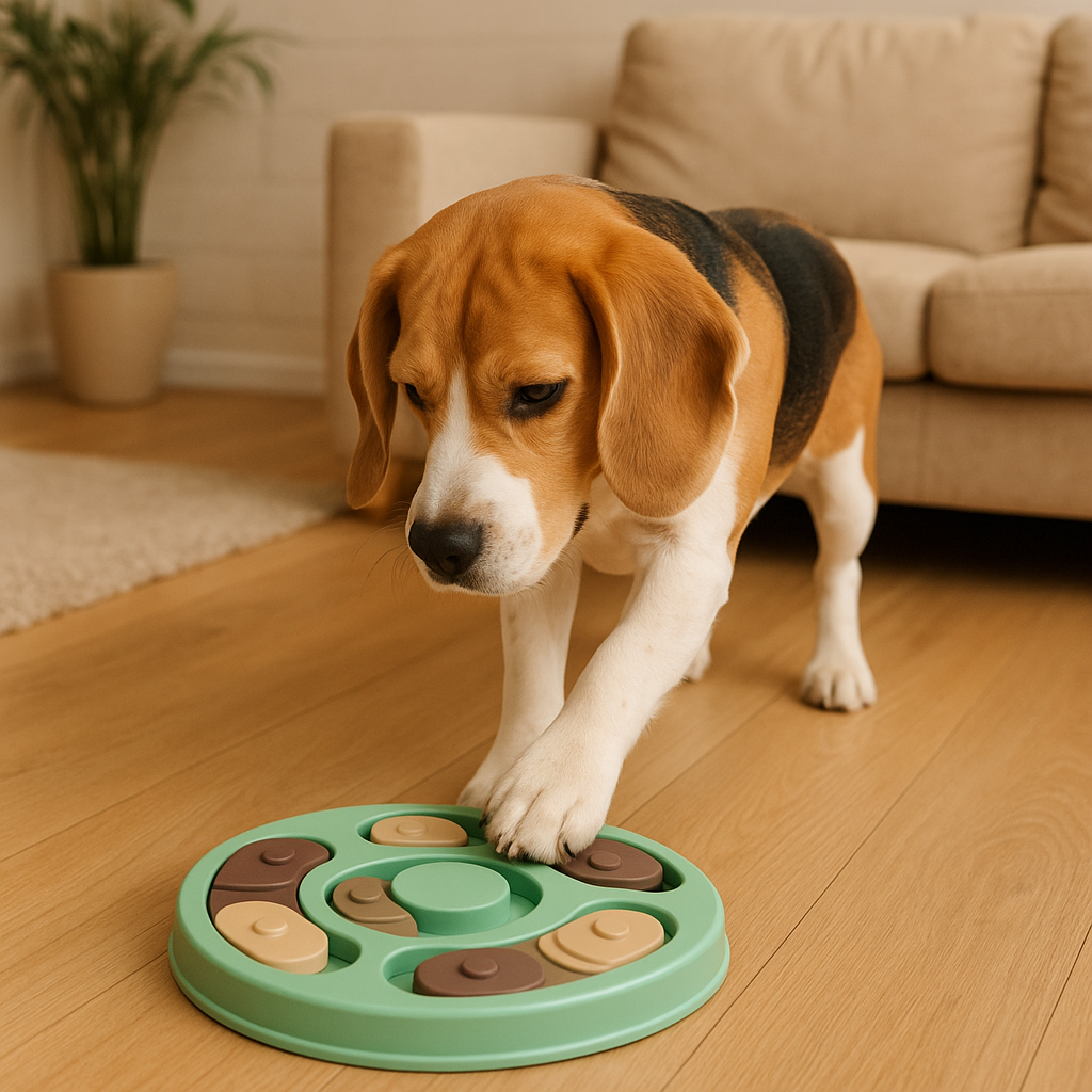 Overweight dog using puzzle toy to burn calories