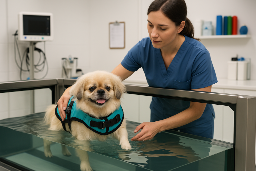 Overweight dog swimming in safe water exercise
