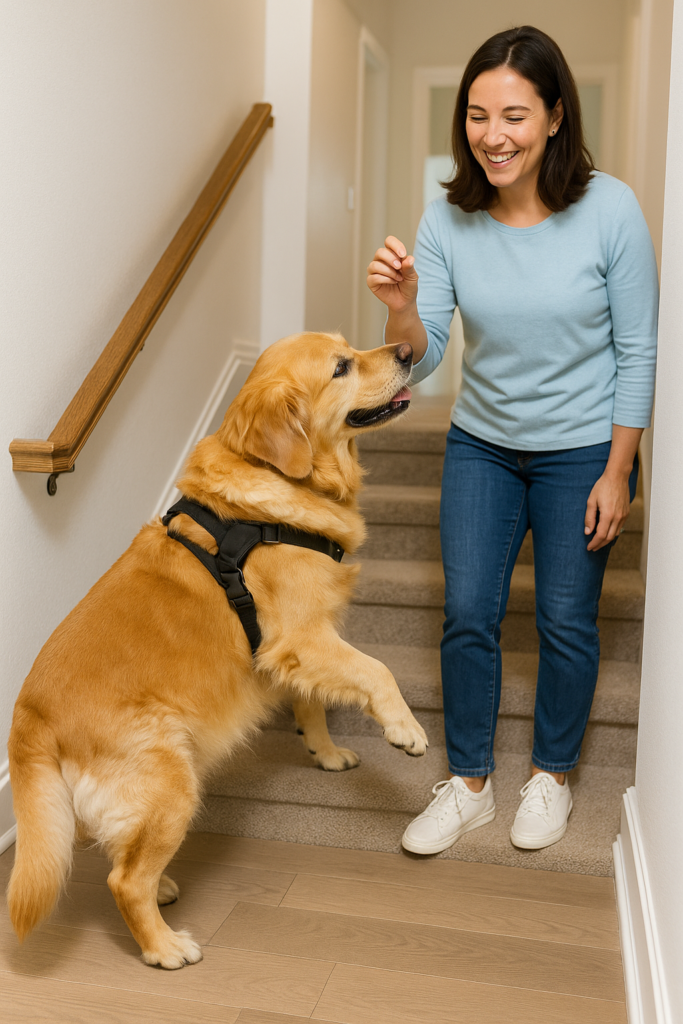 "Overweight dog exercises with gentle stair climbing and owner guidance"