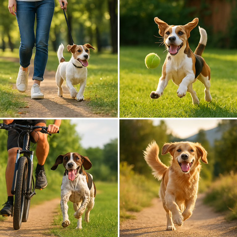"A dynamic collage divided into three distinct sections, each featuring a happy, diverse dog actively exercising in natural sunlight. The first section shows a small, energetic Jack Russell Terrier with a cheerful, smiling owner trotting on a leash through a lush, green park. The second section depicts a medium-sized, golden Labrador Retriever happily chasing a tennis ball in a sunlit backyard, its tail wagging furiously. The third part presents a larger, athletic Great Dane powerfully running alongside a bicycle on a scenic, dirt trail amidst towering, majestic trees. The overall scene is a testament to canine athleticism and the joy of exercising with their beloved companions, emphasizing their energetic nature and the vibrancy of the outdoors"