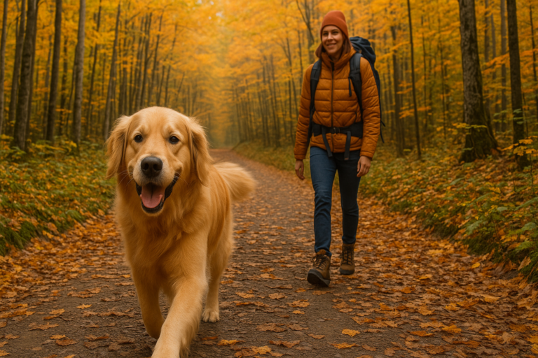 "A happy golden retriever hiking with its owner through a forest trail in Canada during fall"