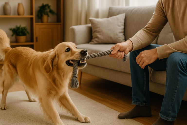 indoor dog exercise with tug-of-war in a small space