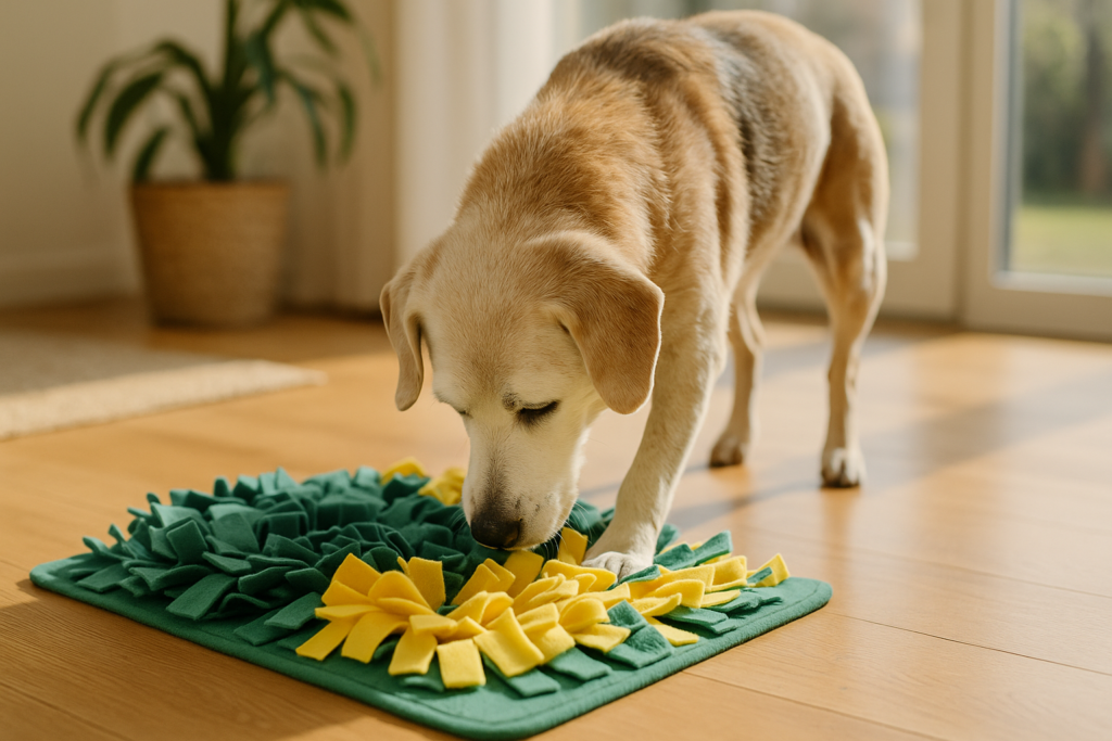 indoor dog exercise using snuffle mat for seniors
