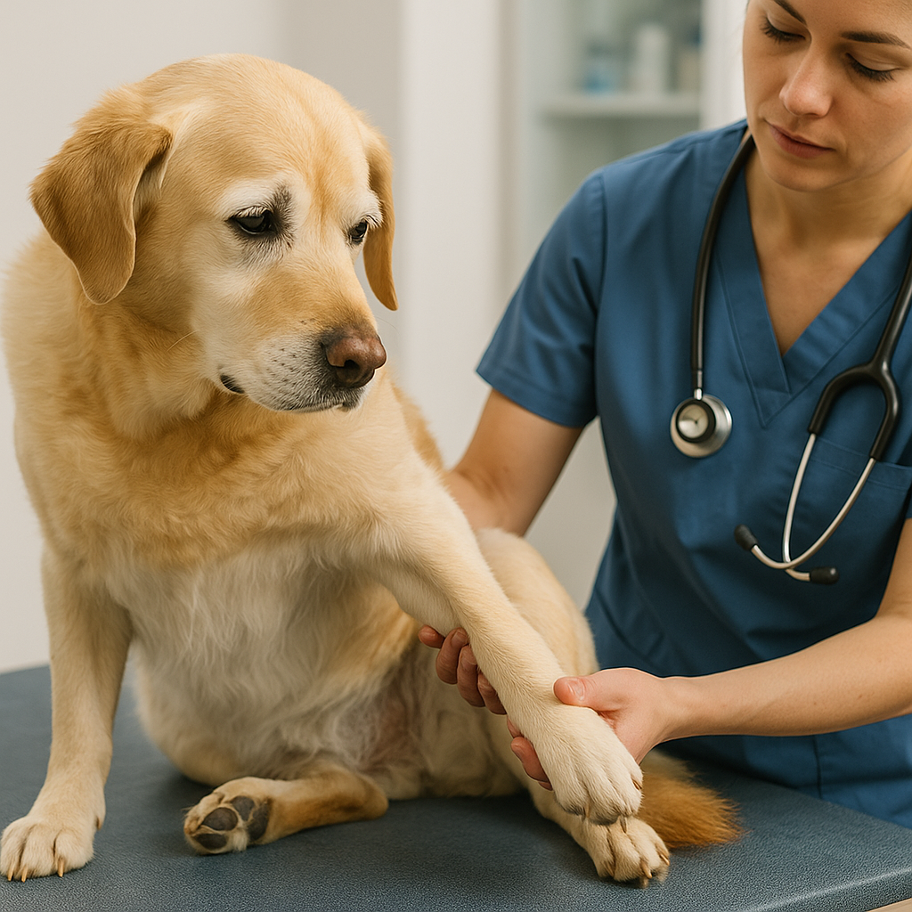 Veterinarian checking symptoms of arthritis in dogs 