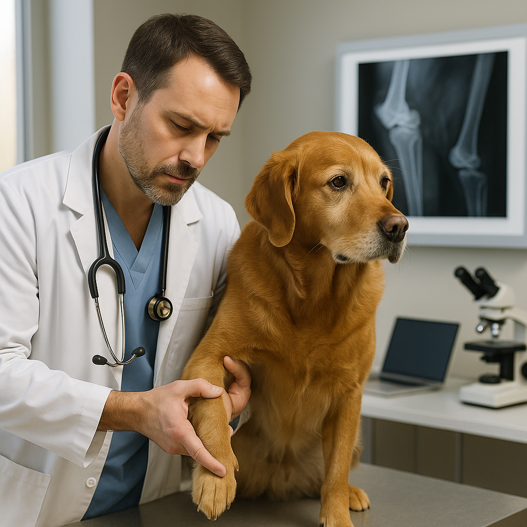 Veterinarian diagnosing arthritis in dogs through leg exam