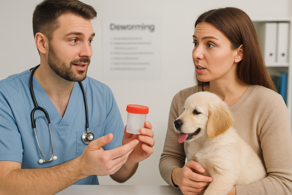 Veterinarian explaining puppy deworming using stool sample for diagnosis