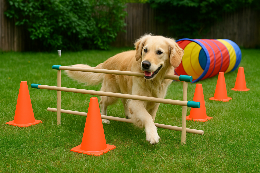 "Home agility training for dogs using cones and tunnels"