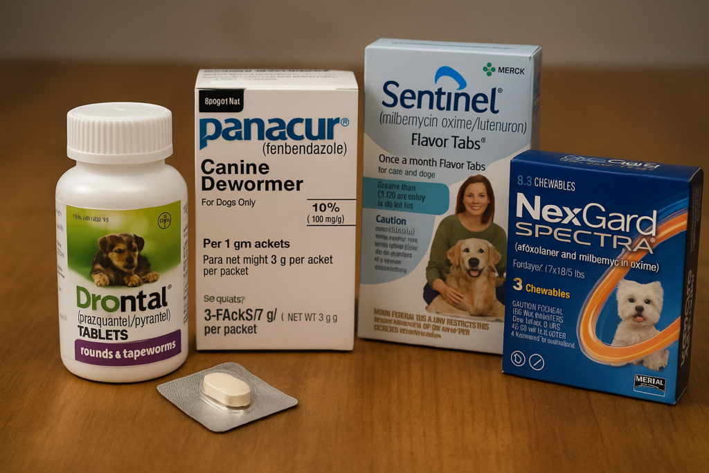 Common puppy deworming medications including Drontal and Panacur