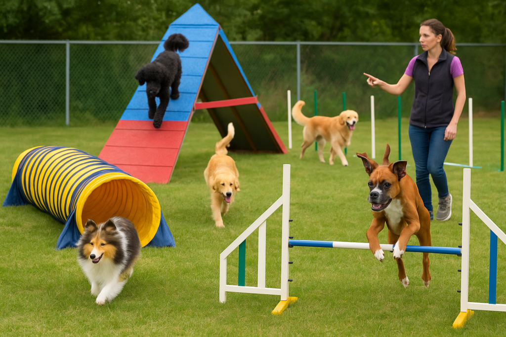 Dogs in group agility training class navigating obstacles