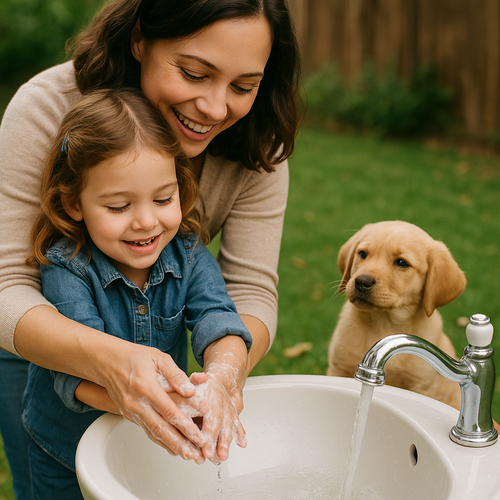 Child washing hands after playing with dewormed puppy to prevent parasite transmission