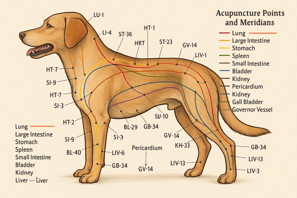 "Diagram of canine acupuncture points and meridians used in veterinary acupuncture"