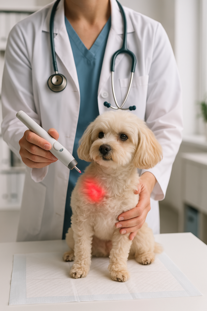 "Dog receiving non-invasive laser acupuncture therapy during a veterinary session"