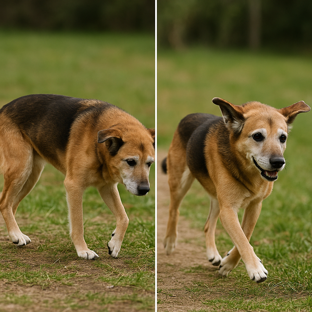 "Before and after results of canine acupuncture improving mobility in an older dog"