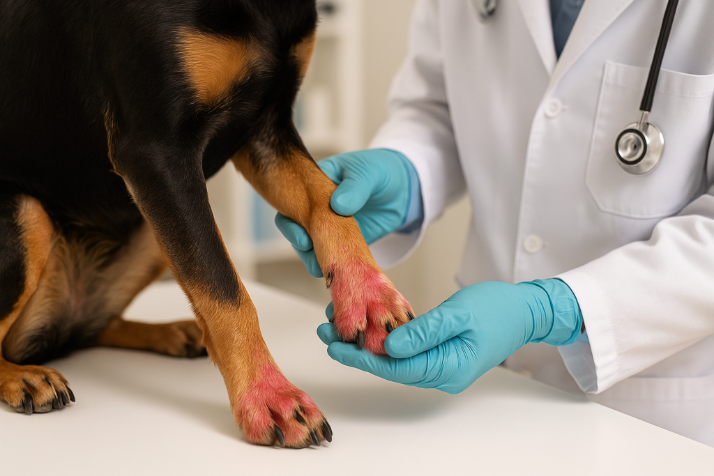 "Vet checking dog’s itchy paws for signs of dog allergies"