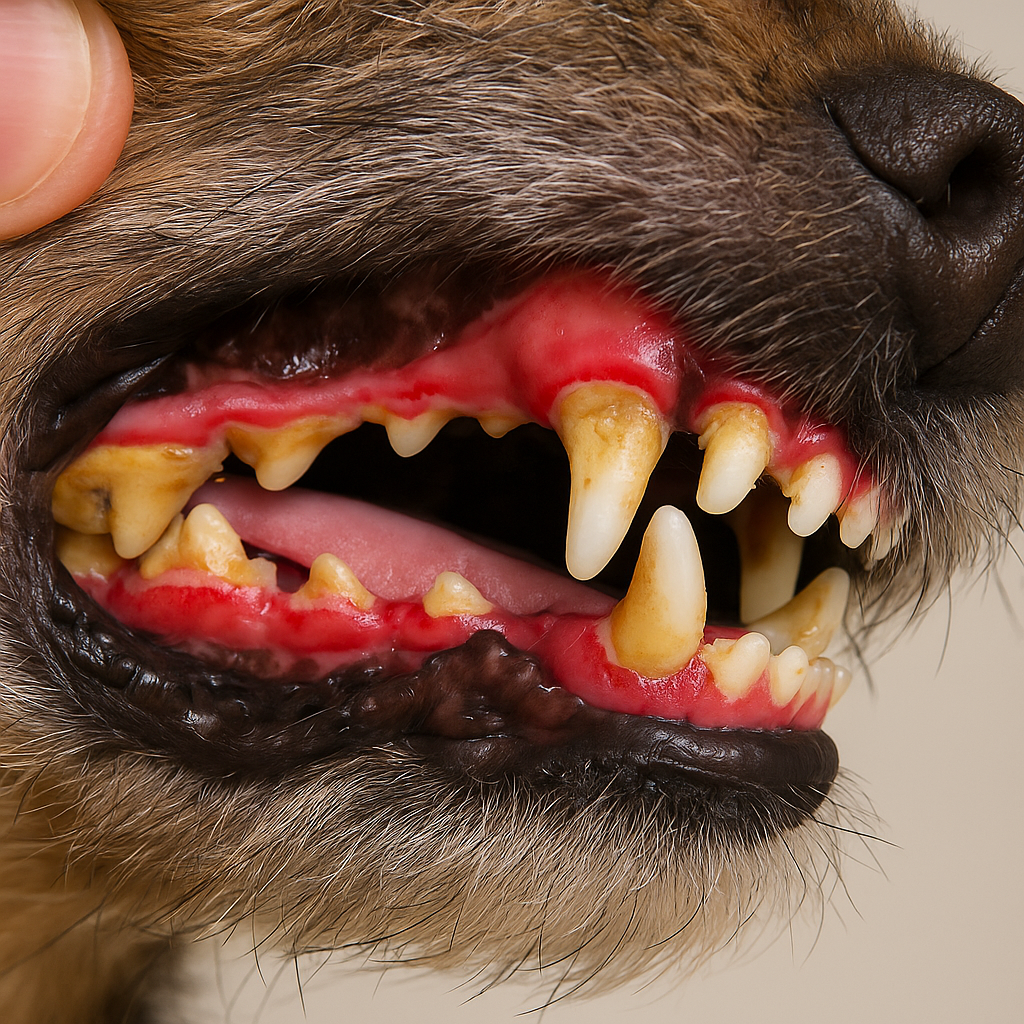 "Early signs of dental disease in dogs—tartar and gum inflammation in poor dog dental care"