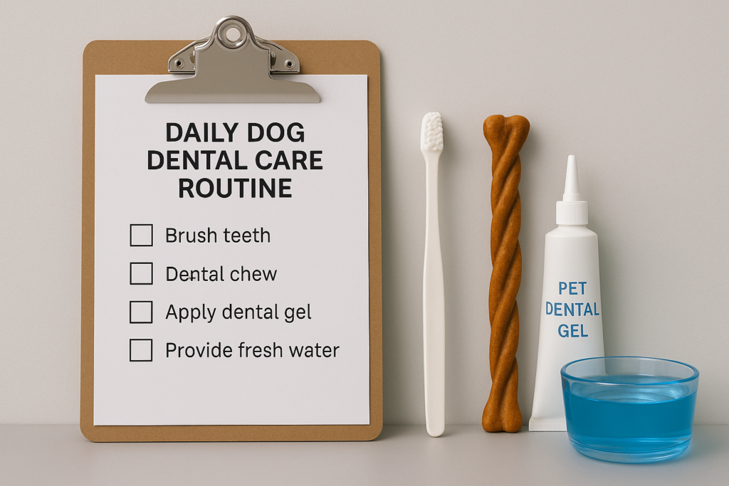 "Tools for daily dog dental care including toothbrush, toothpaste, and dental chew checklist"