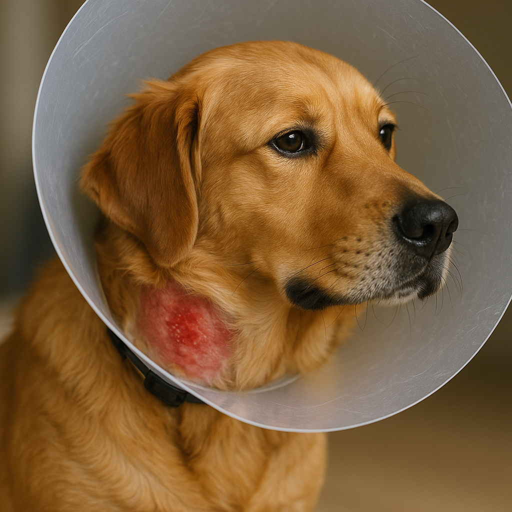 "Hot spot from dog skin conditions being treated with cone"