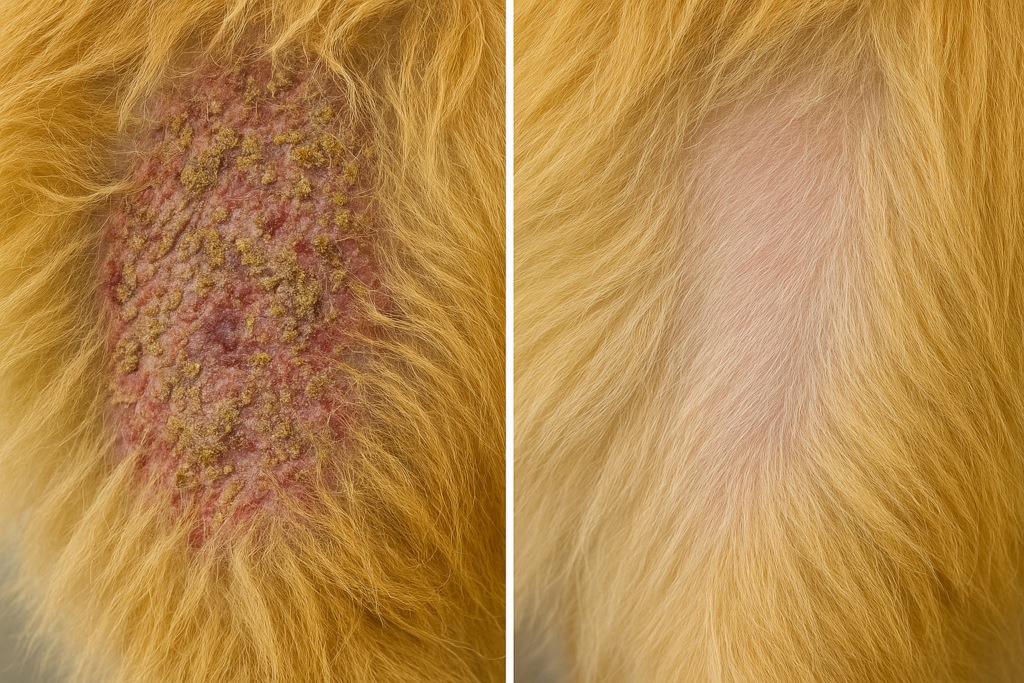 "Healing progress of severe dog skin conditions"