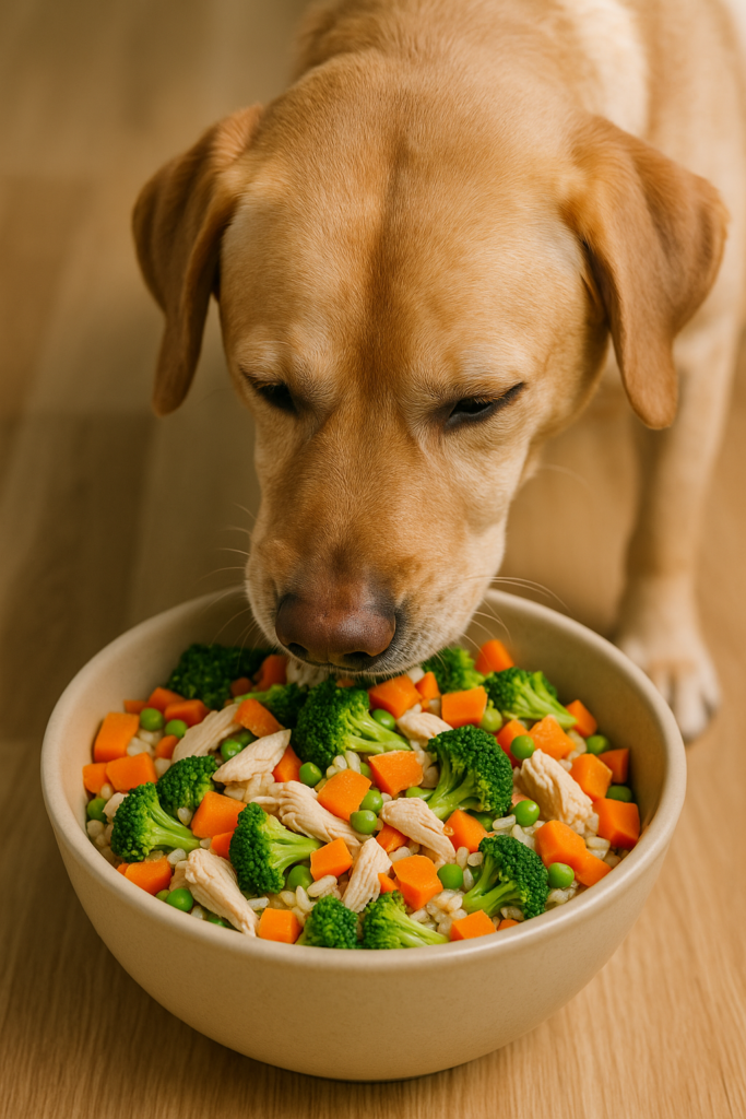 "Senior dog eating soft homemade dog food recipes with turkey and rice stew."