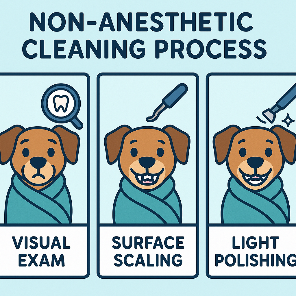 "Step-by-step visual of dog teeth cleaning without anesthesia process"