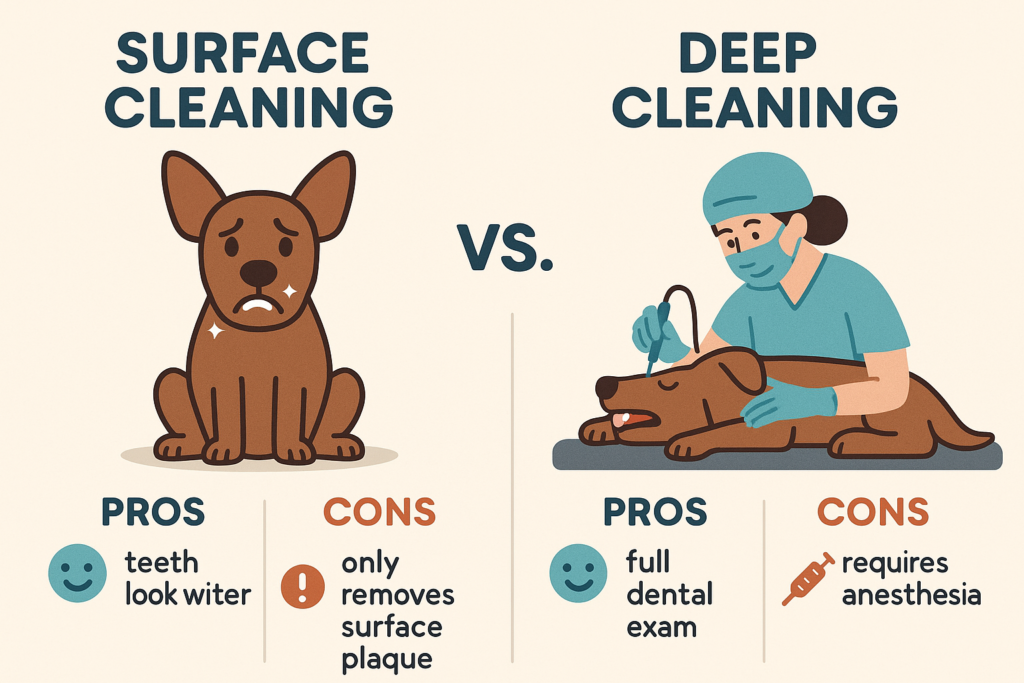 "Visual pros and cons of dog teeth cleaning without anesthesia vs anesthetic dental care"