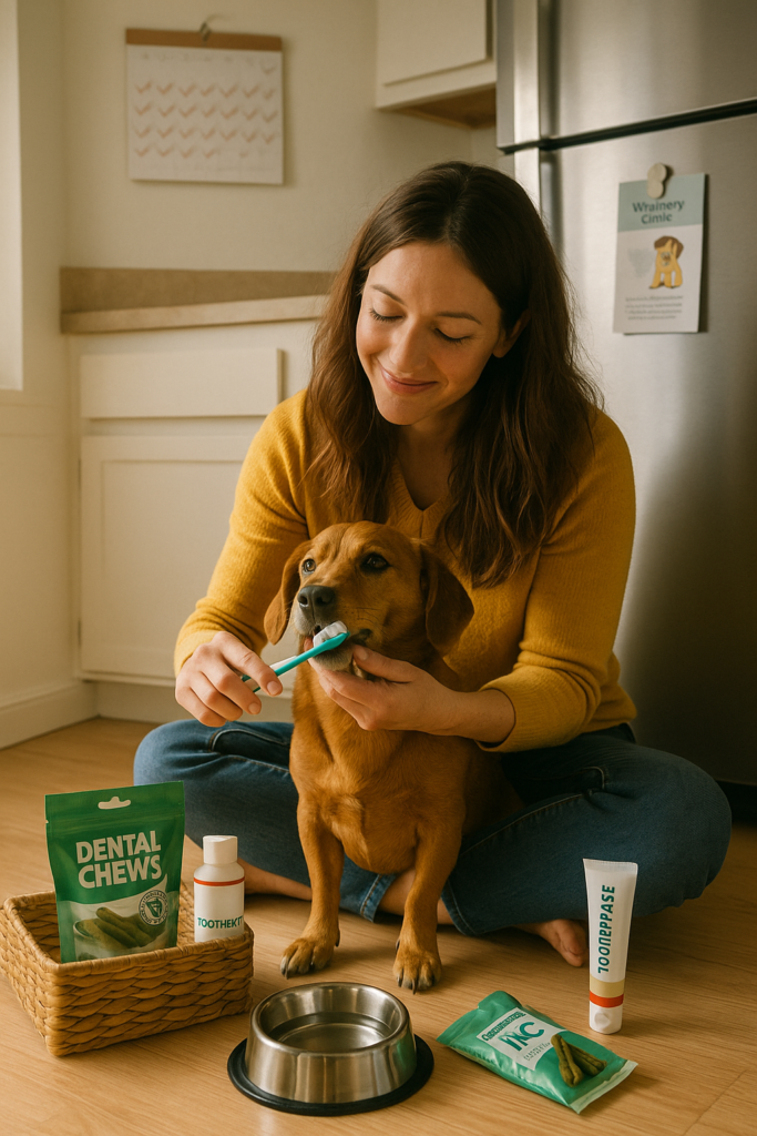 "Daily dental care at home to avoid dog teeth cleaning without anesthesia"
