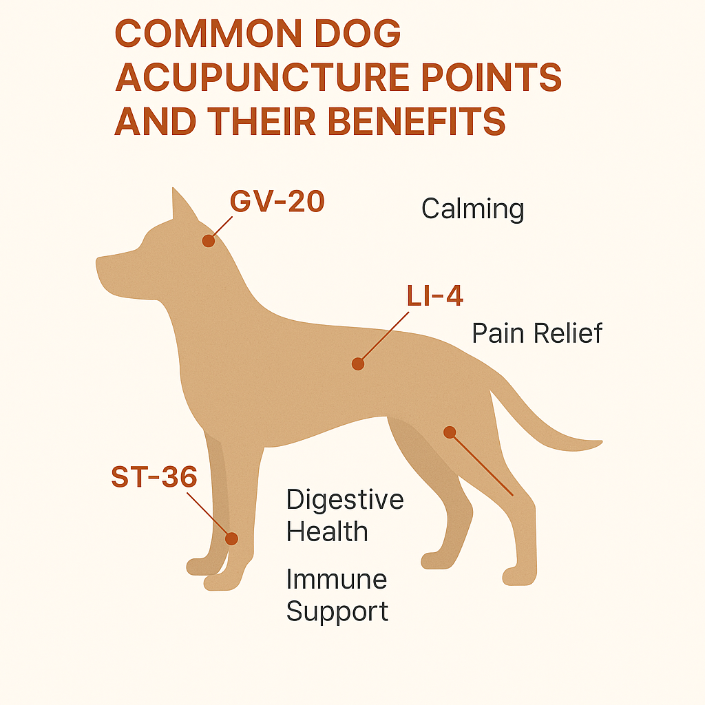 "Key dog acupuncture points highlighted on canine acupuncture chart"